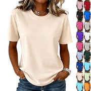 T Shirts for Women Short Sleeve Crewneck Cotton Tops Summer Casual Breathable Basic Tee Tshirt Beige M