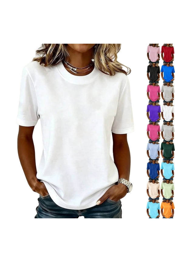 T Shirts for Women Short Sleeve Crewneck Cotton Tops Summer Casual Breathable Basic Tee Tshirt White 3XL