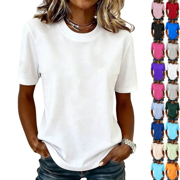 T Shirts for Women Short Sleeve Crewneck Cotton Tops Summer Casual Breathable Basic Tee Tshirt White L