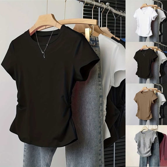 T Shirts for Women Short Sleeve Crewneck Cotton Tops Womens Fashion Solid Color Short Sleeve Blouse Round Neck Casual Comfortable Loose Top Black L