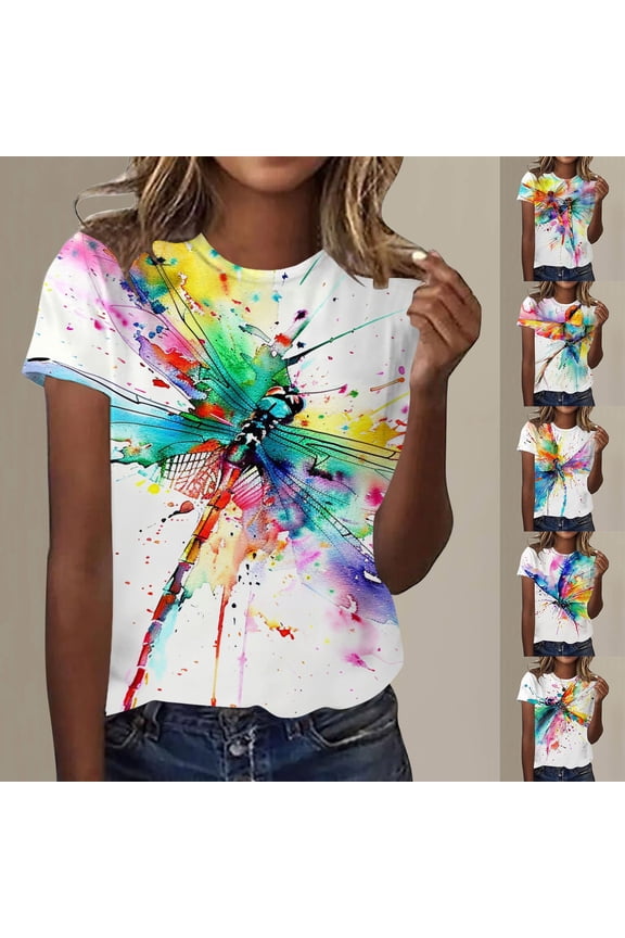 T Shirts for Women Short Sleeve Crewneck Tie Dye Dragonfly Print Graphic Tee Summer Fashion Stylish Tops Purple XXL
