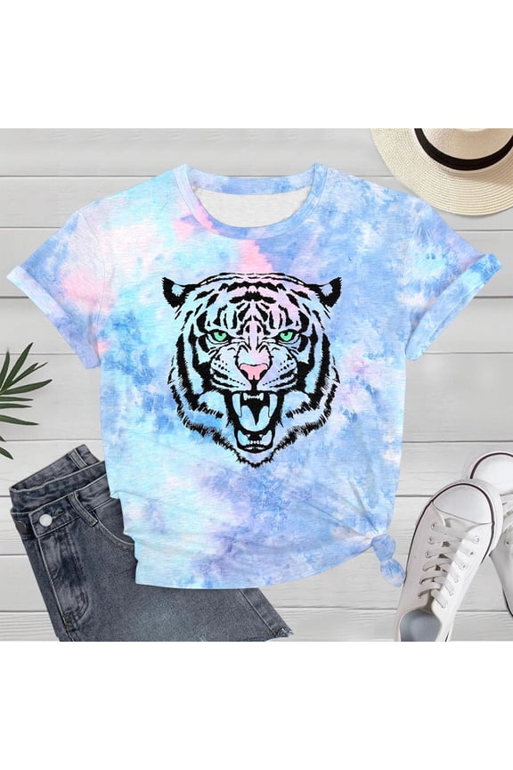 T Shirts for Women Short Sleeve Crewneck Tiger Head Print Graphic Tee Summer Casual Loose Top Sky Blue XXXL