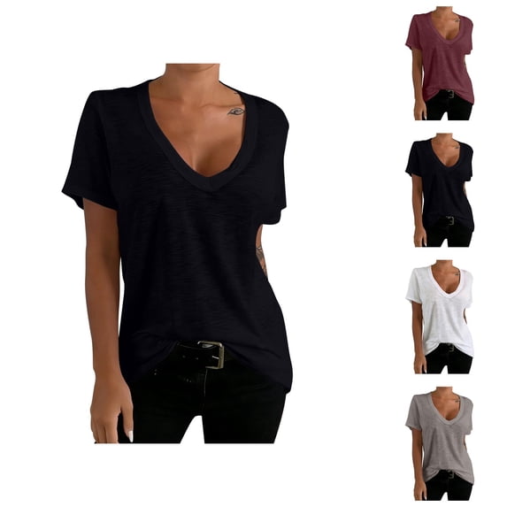 T Shirts for Women Short Sleeve Deep V Neck Plain T-Shirts Undershirt Summer Tees