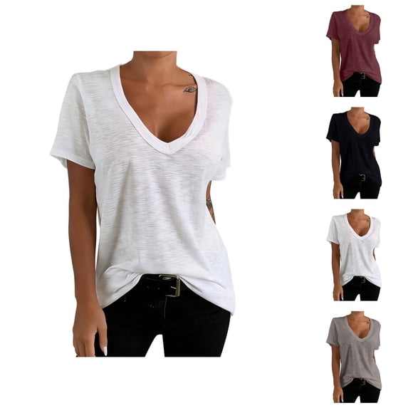 T Shirts for Women Short Sleeve Deep V Neck Plain T-Shirts Undershirt Summer Tees