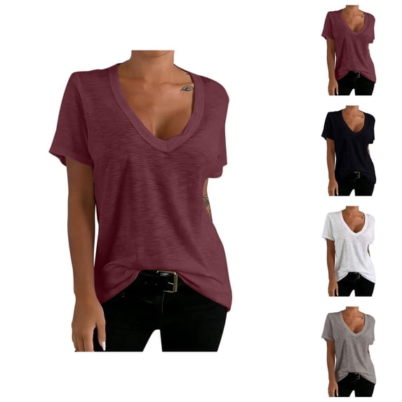 T Shirts for Women Short Sleeve Deep V Neck Plain T-Shirts Undershirt Summer Tees
