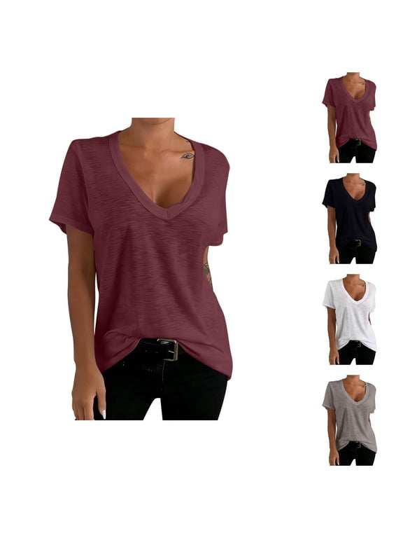 T Shirts for Women Short Sleeve Deep V Neck Plain T-Shirts Undershirt Summer Tees