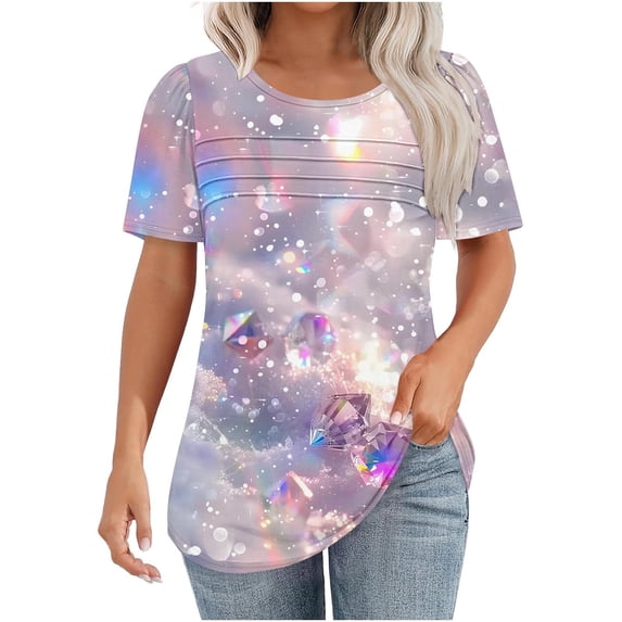 T-Shirts for Women Short Sleeve Fashion Colorful Print Plus Size Shirts Summer Clothing Tops Women's New Round Neck Pullover Chest Pleated Casual Top