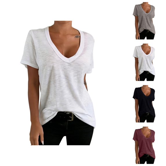 T Shirts for Women Short Sleeve Plain Deep V Neck T-Shirts Undershirt Summer Tees