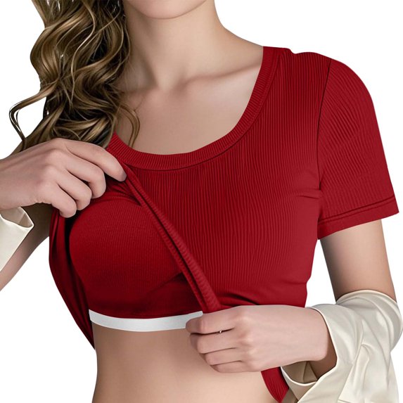 T Shirts for Women Short Sleeve Solid Color Chest Pad No Steel Rings Bottom Underwear Pajama Red XL