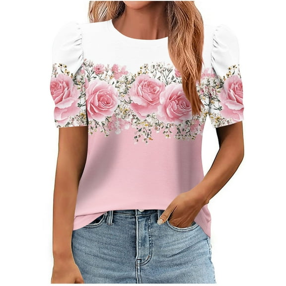 T-Shirts for Women Short Sleeve Tops Crew Neck Casual Summer Tees Shirt Floral Print Tunic Top Loose Blouses Summer T-Shirt Pullover Top