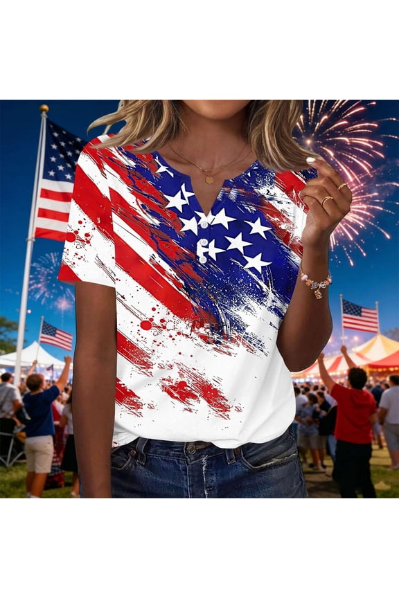 T Shirts for Women Short Sleeve V-Neck Button Graphic Tee USA Eagle Motif Summer Relaxed Top Multicolour XXXL