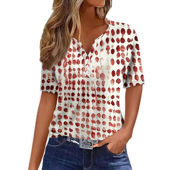 T Shirts for Women Short Sleeve V Neck Geometric Print Decorative Buttons Casual Shirt 2XL
