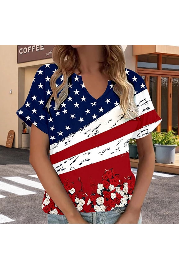 T Shirts for Women Short Sleeve V-Neck Graphic Tee 4th of July Eagle Print Summer Loose Top Multicolour XL