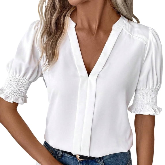T Shirts for Women Short Sleeve V-neck Tees Solid Color Puff Sleeve Elegant Summer New Arrival Fashion Tops White XL