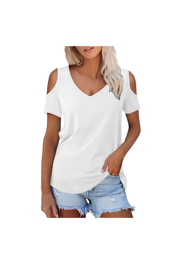T Shirts for Women Short Sleeve V-neck Tops Solid Color Off Shoulder Loose Stylish Summer Casual Tees White XXL