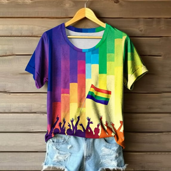 T Shirts for Women Short Sleeved Round Neck Rainbow Casual Printed T-shirt Top Multicolor XL