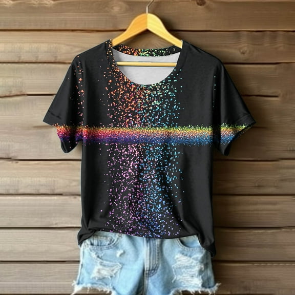 T Shirts for Women Short Sleeved Round Neck Rainbow Casual Printed T-shirt Top Multicolor XL