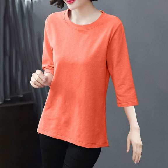 T Shirts for Women Short Sleeved Round Neck Solid Color Loose T-shirt Orange XL