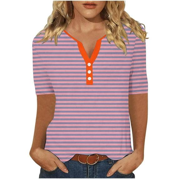 T-Shirts for Women,Short for Women, Fashion Stripe Printing Short Sleeves Blouse-Neck T-Shirt Casual Button,Sleeves for Women