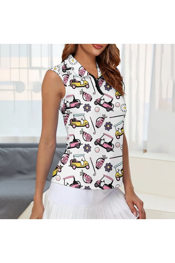 T Shirts for Women Sleeveless Collared Allover Print Zip Front Tee Summer Daily Casual Top White XXL