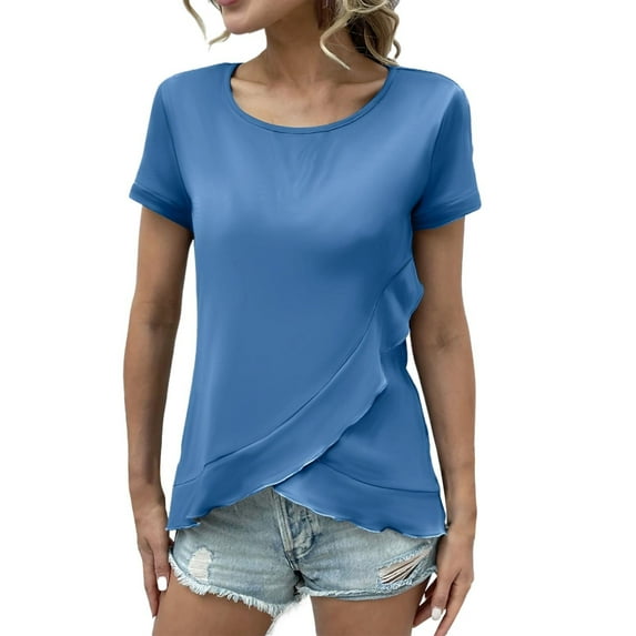 T Shirts for Women Slim Fit Peplum Short Sleeved Top Blouse T-Shirt Tops Blue XL