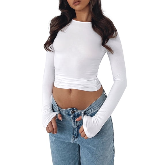 T Shirts for Women Solid Color Round Neckline Hot Slim Long Sleeve Refreshing Breathable Resistant Daily White T-Shirts Sizes S