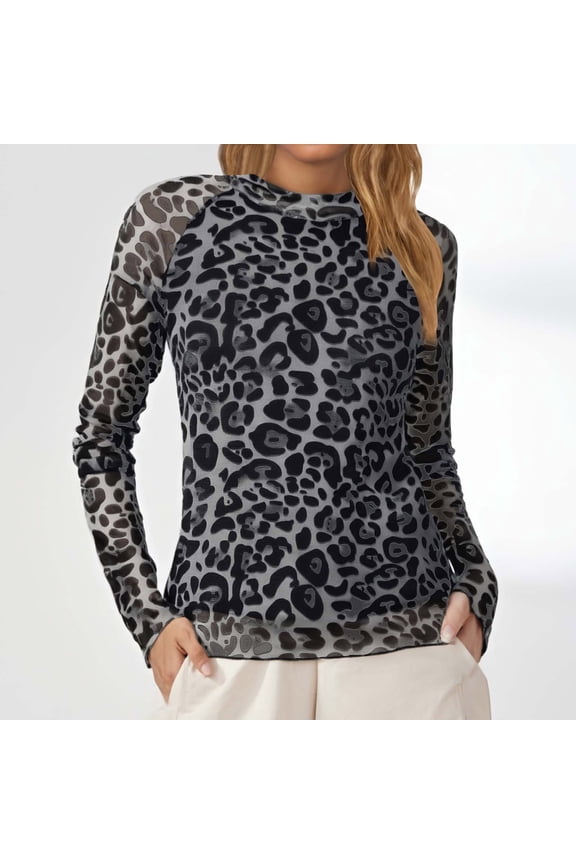 T Shirts for Women Spring Long Sleeve Trendy Vacation Tees Crew Neck Leopard Print Fashion Y2K Tops