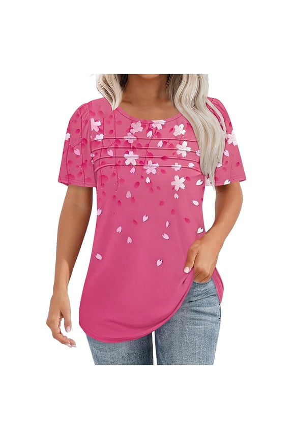 T-Shirts for Women Spring Summer Clothing Tops Women's New Short Sleeve Plus Size T-Shirts Round Neck Pullover Chest Pleated Casual Print Top