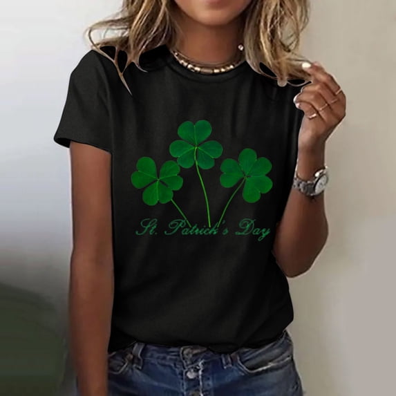 T Shirts for Women St.Patrick's Day Print Top Short Sleeve Round Neck T Shirt Womens Tees Black L