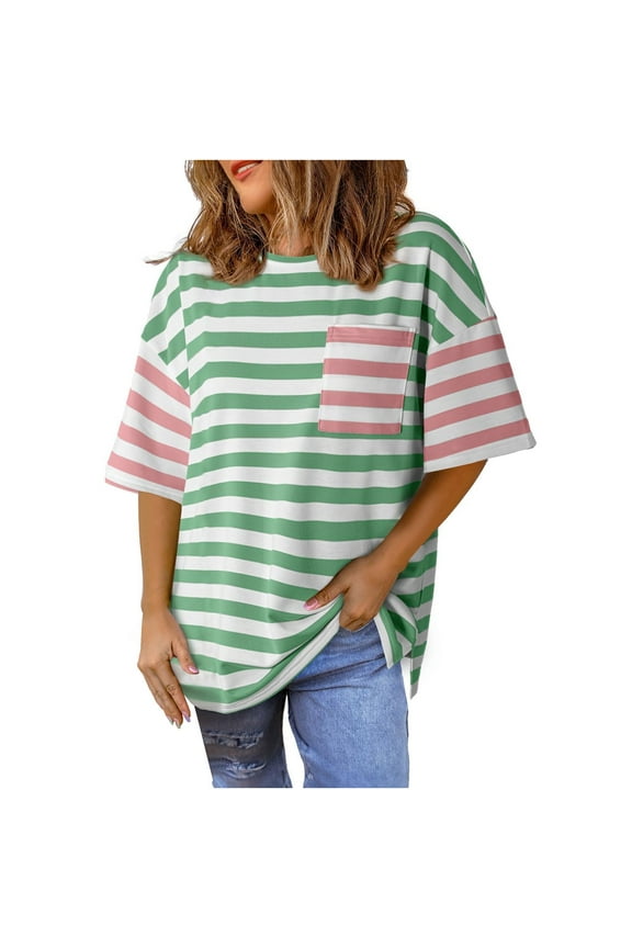 T Shirts for Women Striped Color Block Loose Fit Crew Neck Short Sleeve Womens Tops Tshirts Shirts Loose Tshirts for Women