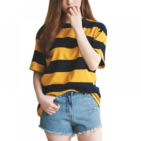 T Shirts for Women Striped Shirt Yellow and Black Stripes Tops Crew Neck Short Sleeve