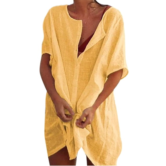 T Shirts for Women Summer Button Down Short Sleeve Oversized Shirt Casual Beach Swimsuit Cover Up Mini Dress Yellow 5XL