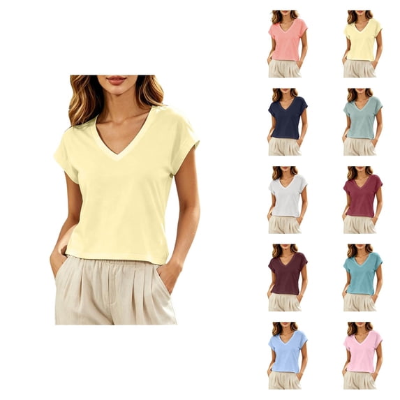 T Shirts for Women Summer Cap Short Sleeve V Neck Relaxed Fit Plain Tshirts Casual Basic Tee Shirt