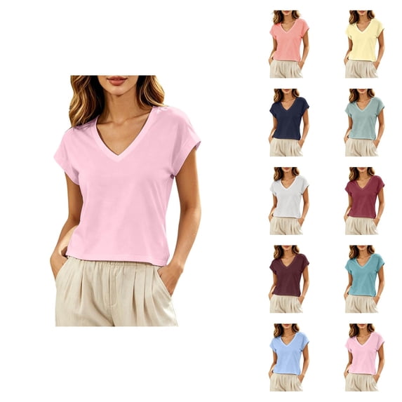 T Shirts for Women Summer Cap Short Sleeve V Neck Relaxed Fit Plain Tshirts Casual Basic Tee Shirt