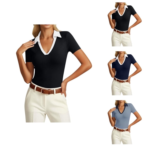T Shirts for Women Summer Casual Color Block Short Sleeve V Neck Collared Slim Fit Dressy Casual Work Tshirts