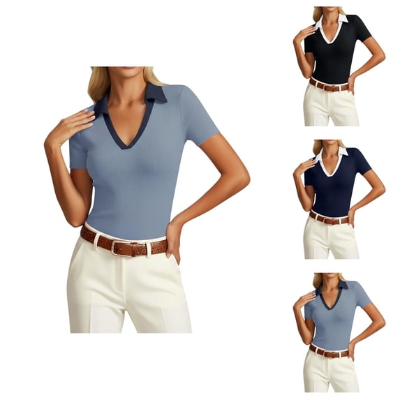 T Shirts for Women Summer Casual Color Block Short Sleeve V Neck Collared Slim Fit Dressy Casual Work Tshirts
