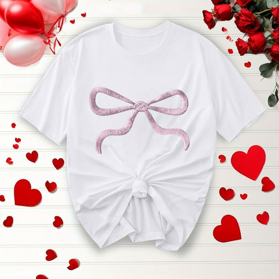 T-Shirts for Women Summer Casual Fashion Shirts New Bow Ribbon Print Round Neck Short Sleeve Blouses Top