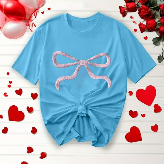 T-Shirts for Women Summer Casual Fashion Shirts New Bow Ribbon Print Round Neck Short Sleeve Blouses Top
