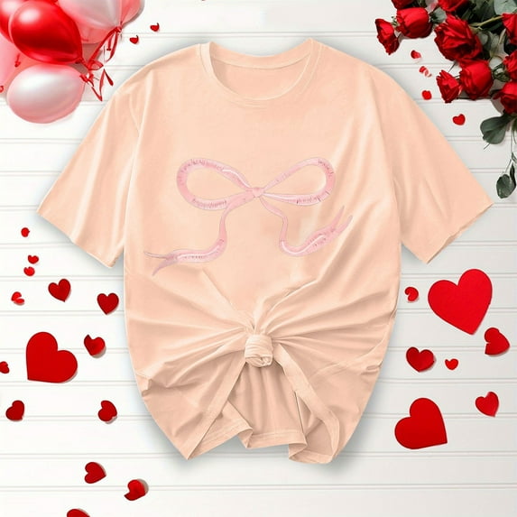 T-Shirts for Women Summer Casual Fashion Shirts New Bow Ribbon Print Round Neck Short Sleeve Blouses Top