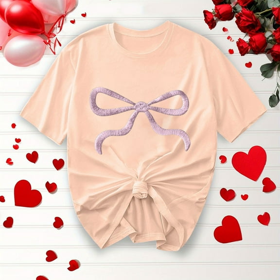 T-Shirts for Women Summer Casual Fashion Shirts New Bow Ribbon Print Round Neck Short Sleeve Blouses Top