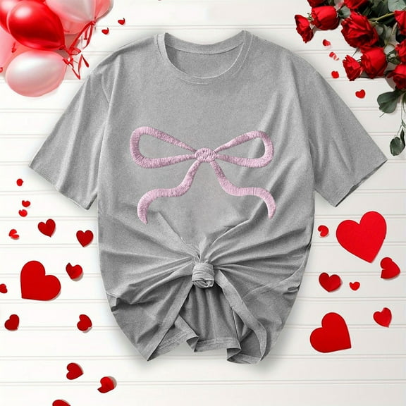 T-Shirts for Women Summer Casual Fashion Shirts New Bow Ribbon Print Round Neck Short Sleeve Blouses Top