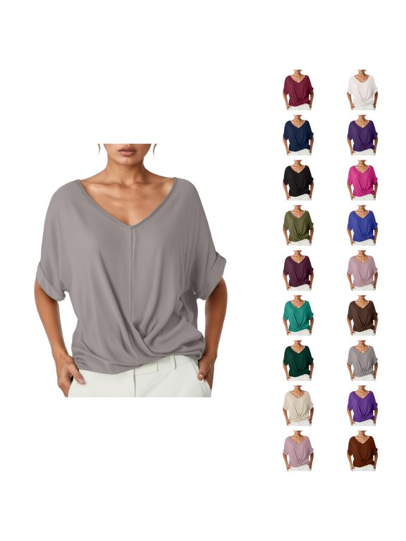 T Shirts for Women Summer Casual Lightweight Short Sleeve V Neck Front Twist Knot Plain Tshirts Blouses Womens Tees