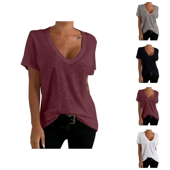 T Shirts for Women Summer Casual Short Sleeve Deep V Neck Relaxed Fit Plain Basic Tshirt Womens Tees