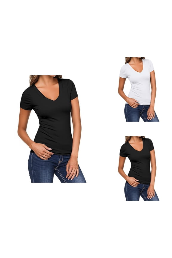 T Shirts for Women Summer Casual Short Sleeve V Neck Fitted Plain Basic Tshirt Womens Tees