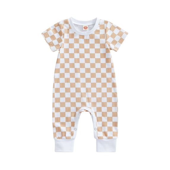 Cenuakty Baby’s Casual Short Sleeve Jumpsuit Fashion Checkerboard Printed Round Neck Long Romper