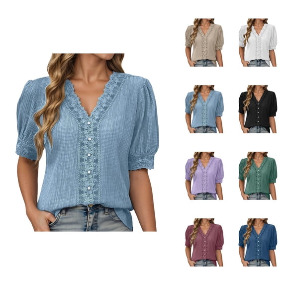 T Shirts for Women Summer Lightweight Short Puff Sleeve V Neck Tshirts Dressy Casual Work Shirt Blouses