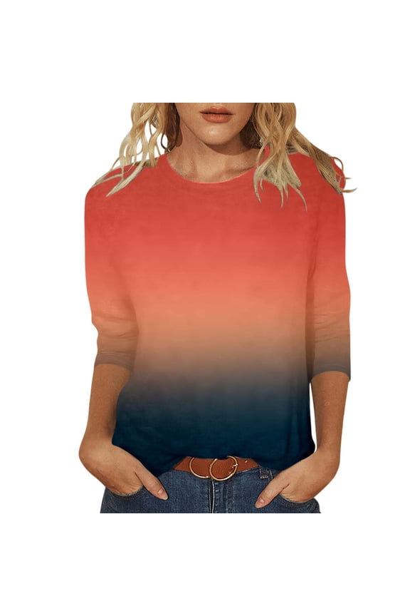 T Shirts for Women Summer Mid Length Shirts Three Quarter Sleeves Shirts Crew Neck Tunic Casual Tops