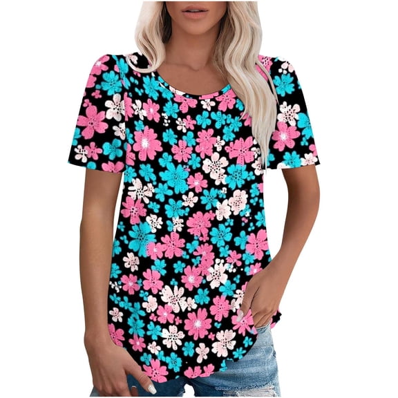 T-Shirts for Women Summer New Shirts Full Floral Print Blouses Round Neck Puff Sleeve Short Sleeve Shirt Pullover Top