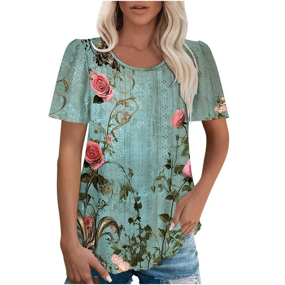 T-Shirts for Women Summer New Shirts Spring Full Floral Print Blouses Round Neck Puff Sleeve Short Sleeve Shirt Pullover Top