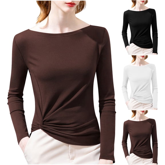 T-Shirts for Women Summer Plus Size Crew Neck Long Sleeve Solid Color Women's Pleated Waist Basic Casual T-shirt Loose Shirt